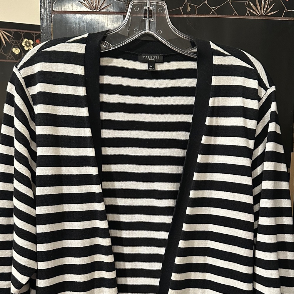 Talbots Women's Black and White Striped Cardigan